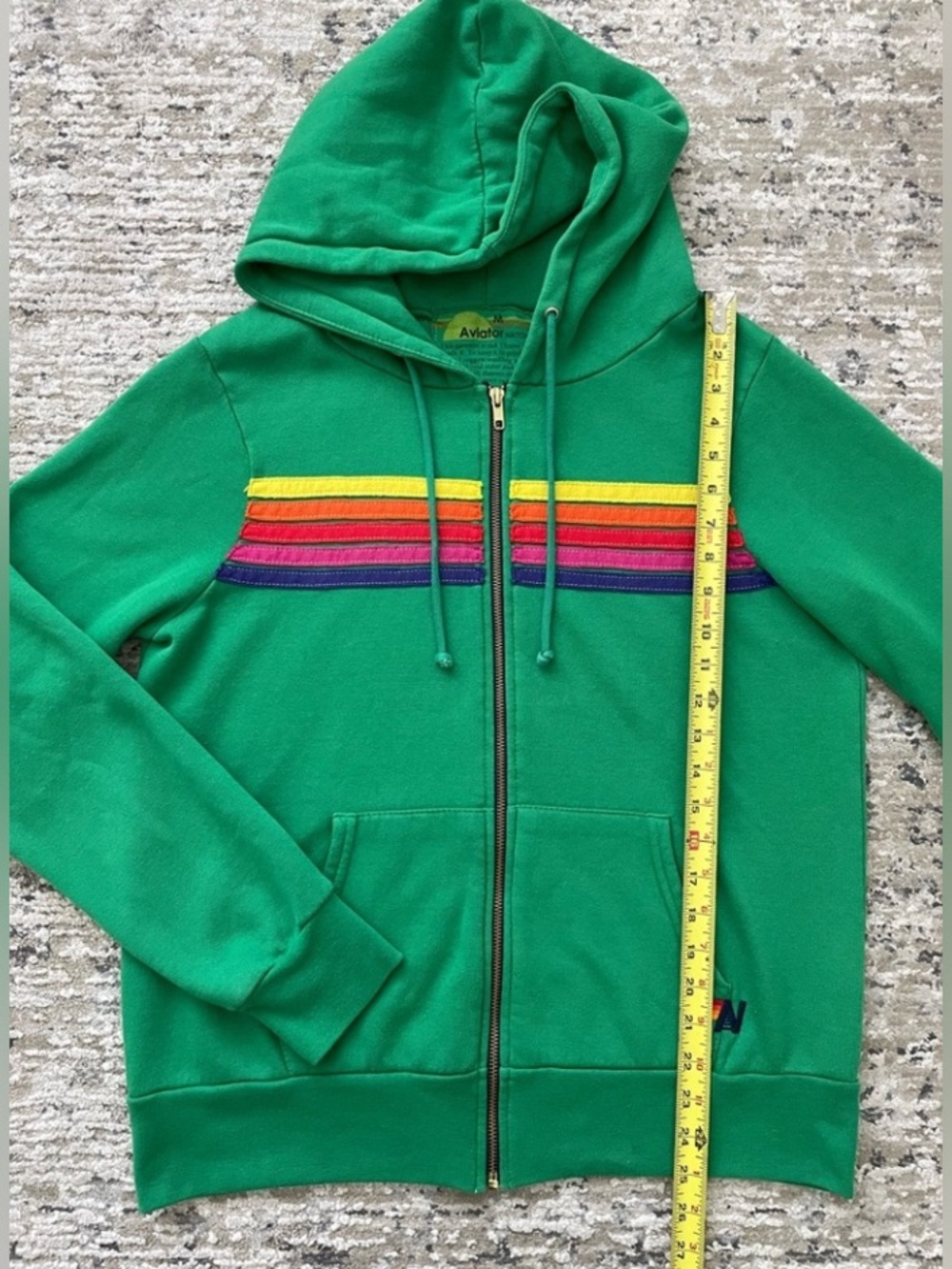 Aviator Nation 5 Stripe Green Zip Up Hoodie Size M Made USA Rare Sweatshirt - Picture 4 of 8